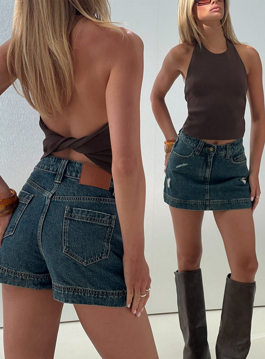 Gazelle Distressed Denim Skort Vintage Blue Wash