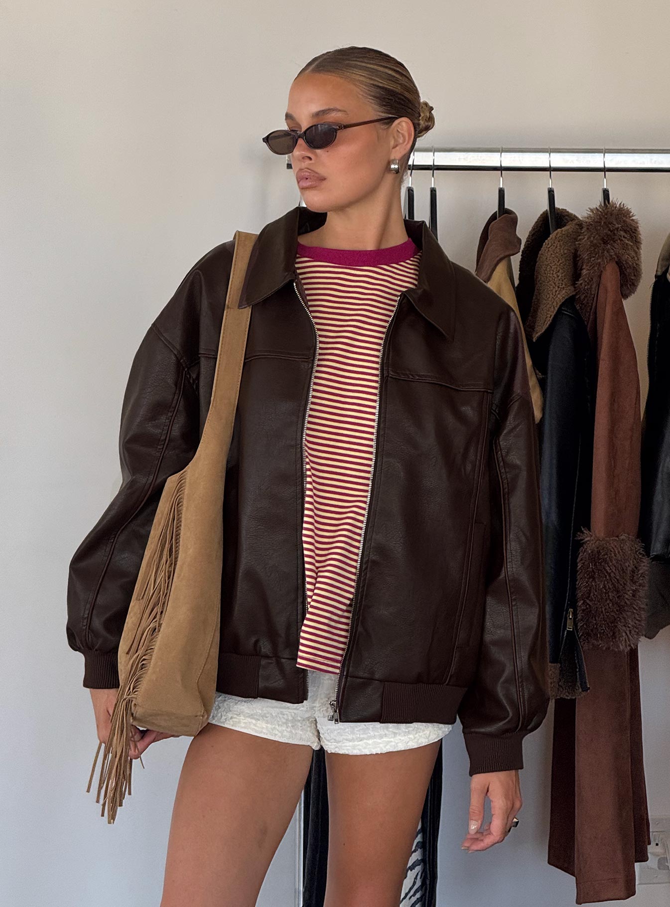 Goldsmith Faux Leather Bomber Jacket Brown